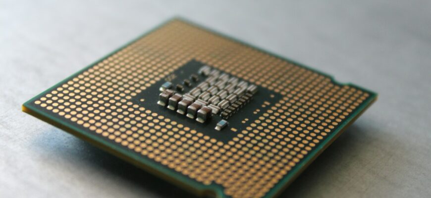 a close up of a cpu chip on a table