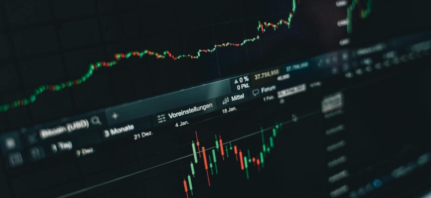 Close-up of a digital market analysis display showing Bitcoin and cryptocurrency price trends.