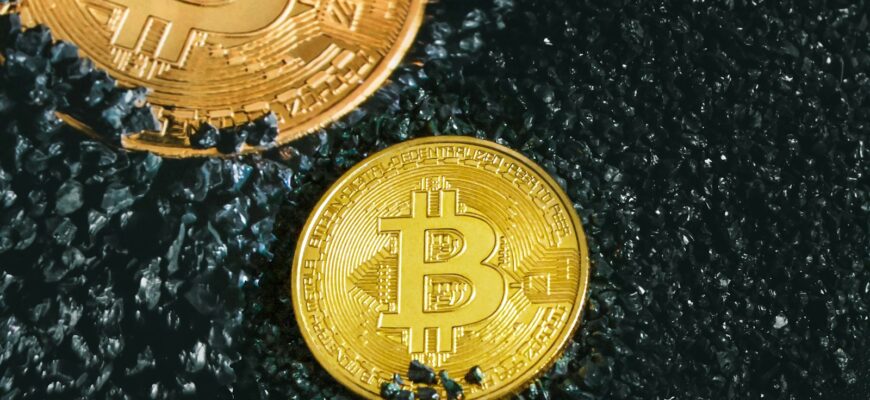 two gold bitcoins sitting on a black surface